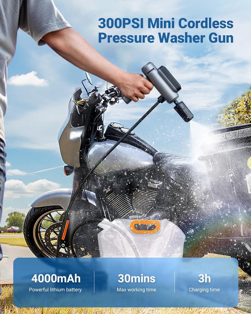 SEALIGHT Foldable Cordless Pressure Washer, 300 PSI Portable Power Washer with 4.0Ah Battery 5-in-1 Nozzle Type-C Charging Battery Operated Power Washer for Cars, Bicycles, Camping and Patio - Image 3